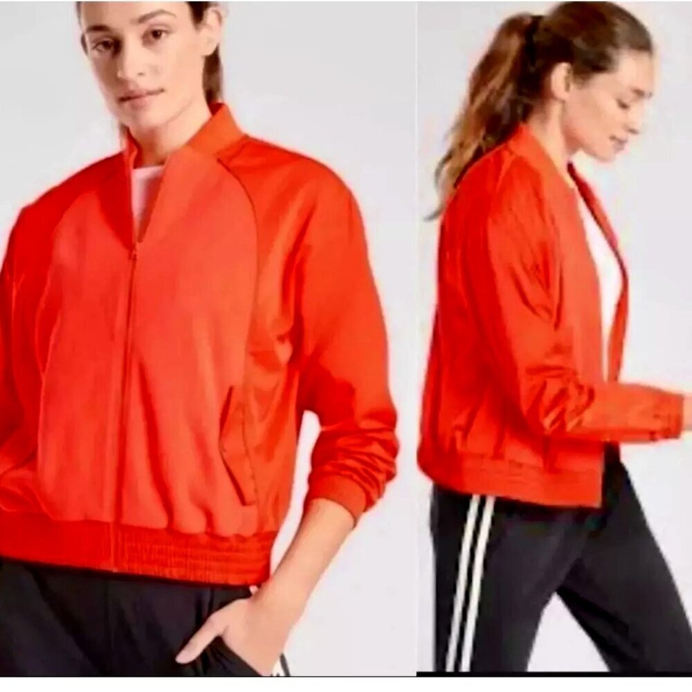 New ATHLETA Zion Microfleece Full Zip Jacket Snap Pockets Torch Red L MSRP $148